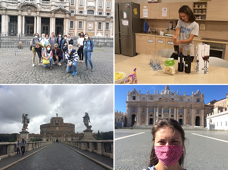 Procházka po památkách s mojí učitelkou italštiny. Foto kuchyně na ubytování u sester Voršilek a oslava mých narozenin. Andělský most bez turistů. Nádvoří před bazilikou sv. Petra.