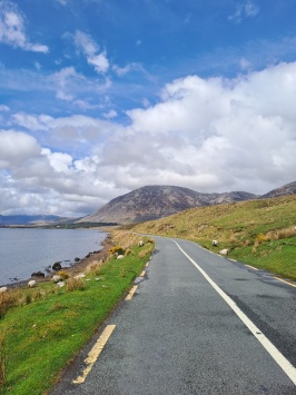 Cesta v irském národním parku Connemara, v hrabství Galwaye, na západě Irska. Západní Irsko je typické pro svou krajinu, folklór a rozsáhlé stáda oveček.